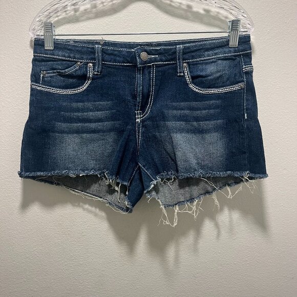 Red Rivet Denim Jean Shorts Size 13 Distressed Stretch Bling Embroidery Raw Hem - Picture 1 of 6
